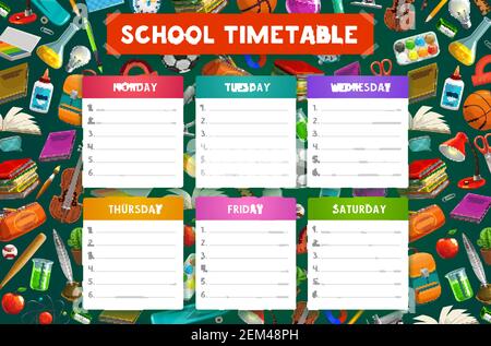 Schule Zeitplan Vektor-Vorlage mit wöchentlichem Zeitplan der Schüler Unterricht mit Bildung liefert. Lernplan oder Tagesplaner-Diagramm im Hintergrund mit Stock Vektor