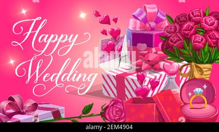 Happy Wedding, Schriftzug und Geschenkkartons, Blumensträuße. Vektor Hochzeit Party Einladung, Verlobungsring und verpackte Geschenke. Elixier und Herz Stock Vektor