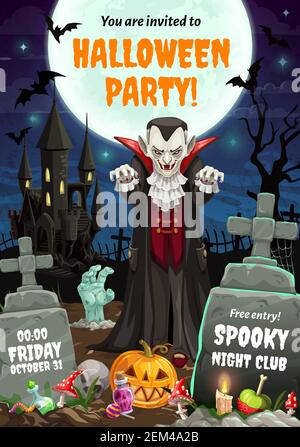 Halloween Party Einladung, Dracula, gruselige Burg und Friedhof. Vector Grabsteine, Nacht der Schrecken, Trick oder Leckereien. Jack Laterne, Zombies Hand und Stock Vektor