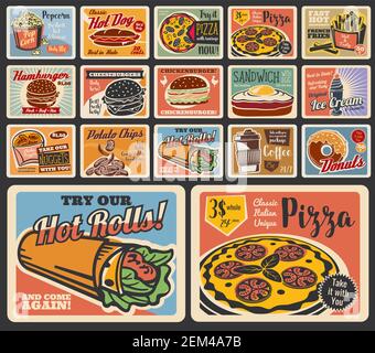 Fast-Food-Restaurant Vektor Burger, Desserts und Getränke. Retro-Poster von Pizza, Hamburger und Hot Dog, Pommes, Donut und Kaffee, Chicken Nuggets, san Stock Vektor