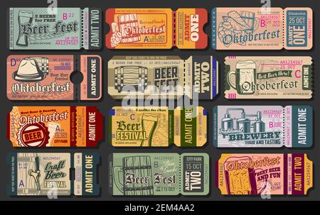 Oktoberfest Ticket Vektor-Vorlagen von Bier Festival Eingang Pass Design. Craft Alkoholtrinkgläser, Flaschen und Fässer mit Wasserhähnen, Ale Tassen und la Stock Vektor