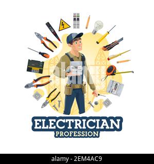 Elektriker Beruf, Mann und Arbeitsgeräte, elektrische Geräte. Vector Lineman, Zähler und Schraubendreher, Glühbirne, elektrische Dienste Arbeiter. Zange Stock Vektor