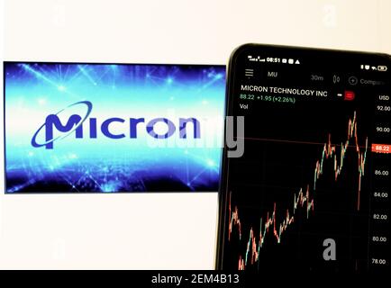 In diesem Foto Illustration, Micron Technology, Inc. Aktienmarktinformationen auf einem Smartphone auf einem Hintergrund von Micron Technology, Inc. Logo angezeigt zu sehen. Stockfoto