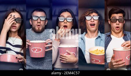 Schockiert Millennial Menschen Im Kino Filme Ansehen, Collage, Panorama Stockfoto