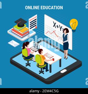 Isometrisch gefärbter Webinar-Flyer mit Online-Schulungsbeschreibung und zwei Die Menschen werden durch eine Computer-Vektor-Illustration geschult Stock Vektor
