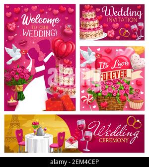 Liebe für immer, willkommen Hochzeitszeremonie Einladungen, tanzen Braut und Bräutigam. Vector Hochzeit in Paris, Esstisch mit Stühlen, Kuchen und Korb mit Stock Vektor