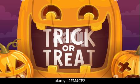 Halloween Trick or Treat Grusel Kürbisse Vektor-Design. Gruselige Jack-o-Laternen, Herbst Horror Feiertag Feier Grußkarte, orange Kürbisse mit Auto Stock Vektor