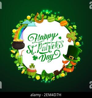 Schriftzug Happy Patricks Tag und runde Grenze der Feiertagsschilder. Vector Regenbogen und Hufeisen, Kekse und Getränke, grüner Cocktail, Schamrock Süßigkeiten und Stock Vektor