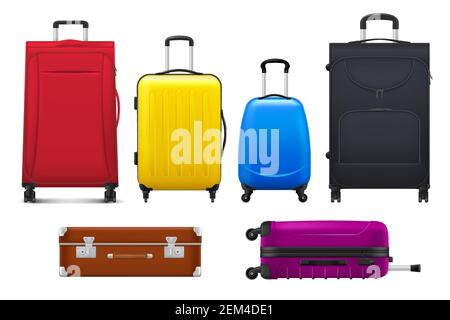 Reisen Koffer und Taschen, Gepäck isoliert Vektor des Tourismus, Urlaub Reise-und Reise-Design. Realistische Trolley-Taschen, alte Leder-Aktentasche und ha Stock Vektor