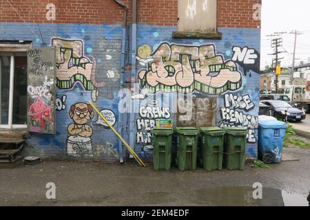 Graffiti Alley, Toronto, Kanada. Die Graffiti Alley befindet sich im Modeviertel von Toronto und verläuft parallel zur trendigen Queen Street West. Es umfasst drei Stadtblocks und umfasst die benachbarte Gasse der Rush Lane. Es ist ein beliebter Ort, um einige der besten Beispiele von Torontos lebendige Street Art und Wandmalereien zu sehen. Stockfoto