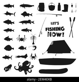 Angeln Sportausrüstung, Fisch und Meerestiere schwarz Silhouetten Set. Vector Zelt und Boot, Krabben, Kraken und Hummer, Garnelen, Tintenfisch und Thunfisch, Lachs, Stock Vektor