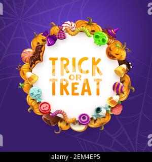 Halloween Trick or Treat Süßigkeiten und Kürbisse Vektor Grußkarte. Horrorurlaub Süßigkeiten, Schokolade und Kuchen, Lutscher, Kekse und Gelees in Shap Stock Vektor