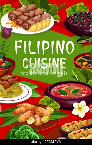 Philippinische Küche Lebensmittel Vektor Poster, Restaurant Gerichte. Pochero Suppe, gebratene Bananen im Teig, Muscheln in Kokosnuss-Sauce, Adobo mit Huhn. Filipino Stock Vektor