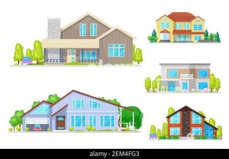 Wohnhäuser und Villen, Immobilien-Wohnungen, Ferienhäuser und Stadthäuser, Stock Vektor