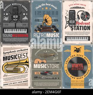 Musik und Tonaufnahme Retro-Poster. Vector vintage Karten mit Audio-Grammophon, Podcast-Station und Mikrofon, Kopfhörer und Vinyl-Schallplatten, zu Stock Vektor