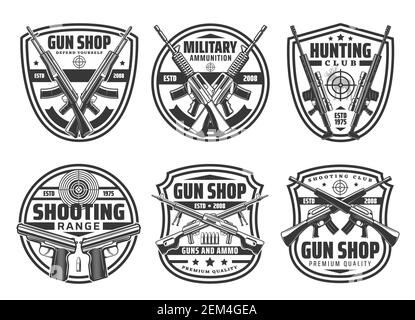 Shop Waffe heraldic Symbole Set, Gewehre und Handfeuerwaffen Jagd Munition, Vektor-Shop und Jagd Club Ausrüstung. Militärische Munition, Schrotflinten, Revolver, Ziele an Stock Vektor