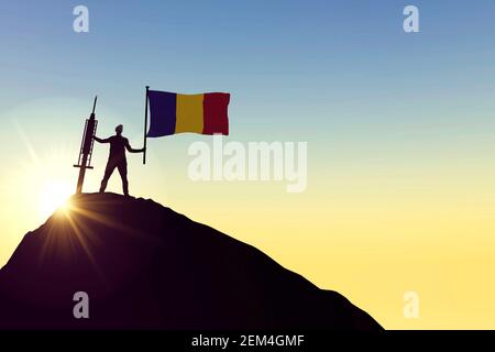Rumänischer Impfstoff. Silhouette der Person mit Flagge und Spritze. 3D Rendering Stockfoto