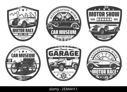 Retro-Autos, Oldtimer isolierte Vektor-Icons gesetzt. Vector Motor-Rennen Club Zeichen, Museum, Retro-Auto-Reparatur-Service-Symbole, Restaurierung Werke servi Stock Vektor