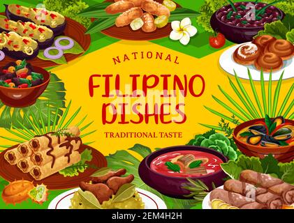 Philippinische Küche Restaurant Essen Gerichte Vektor Poster. Pochero Suppe, gebratene Bananen im Teig, Adobo mit Huhn, Muscheln in Kokosnuss-Sauce. Filipino l Stock Vektor