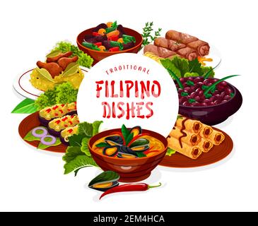 Philippinische Gerichte Vektorrahmen. Asiatische Küche Lebensmittel Klumpen mit Fleisch, Auberginen-Thalong, Bicolar-Express, Filipino Kidney Beans, Lumpia und Muscheln in Kokon Stock Vektor