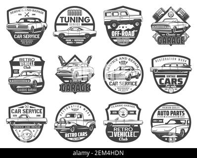 Auto-Auto-Service isoliert Vektor-Icons gesetzt, monochrome Retro-Fahrzeuge Reparatur, vintage Mechaniker Garage Zeichen. Auto-Wartung, Off-Road, Auto Ersatz par Stock Vektor