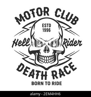 Totenkopf T-Shirt Print Mockup, Motor Club oder Biker Gesellschaft Emblem, Motorrad-Rennfahrer Schädel Tod Kopf Maskottchen. Vektor-T-Shirt-Print mit Umriss Monochro Stock Vektor