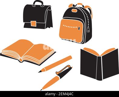 Schultasche, Tasche, Bleistift und Bücher Stock Vektor