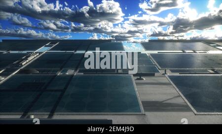 Solarzellen-Panels unter dem Sonnenhimmel und Wolke Reflexion. Ökostrom, Ökologie, sauberes und alternatives Energiekonzept. 3D Abbildung Stockfoto