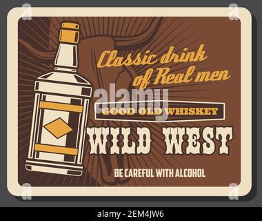Wild West Vintage Retro Poster, Whiskey Bar Saloon, American Western Cowboy Pub. American Wild West, Texas und Arizona Alkohol Getränke Salon, Longhorn Stock Vektor