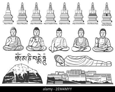 Buddhismus Religion Symbole mit Vektor-Skizzen von Buddha-Statuen mit verschiedenen Handpositionen oder Mudras, tibetisch-buddhistische große Stupas, Potala Palast Stock Vektor