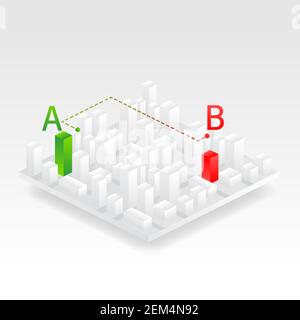 Isometrische Stadtvektordarstellung. Stadtplan mit GPS-Pins und Navigationsroute von A nach B-Punktmarkierungen. Vektorperspektivansicht Stock Vektor