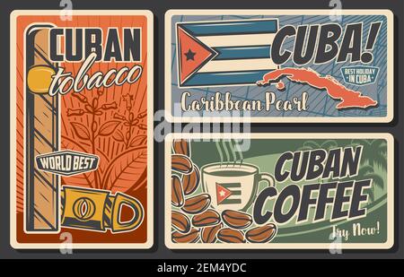 Kuba Reise Vektor Retro Poster Set. Kubanische Zigarrenschneider für Tabak und Guillotine, Kaffeetasse und Bohnen, Nationalflagge und Silhouettenkarte von Kuba. Touri Stock Vektor