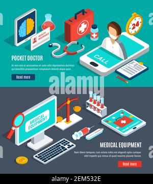 Isometrische horizontale Banner Set mit verschiedenen medizinischen Geräten 3D isoliert vektorgrafik Stock Vektor