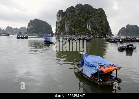 Fischerboote in Halong Bay (Ha Long Bay) - UNESCO-Weltkulturerbe und beliebtes Reiseziel. Vietnam. Schwimmendes Dorf in der Nähe von Kalksteinfelsen Stockfoto