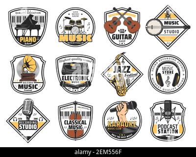 Retro Musik Festival Emblem, Aufnahme Studio Label und Volksmusik Instrumente Shop Icons. Vector Vinyl Schallplatte Grammophon und DJ-Ausrüstung, Jazz festi Stock Vektor