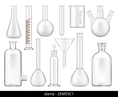 Isolierte Symbole für Reagenzgläser, Laborglas oder Becher. Vector chemische Kolben Mockups, Retort-und Spiritus Lampen, Wissenschaft und Forschung Ausrüstung. M Stock Vektor