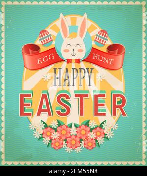 Frohe Ostern Eiersuche vintage Grußkarte. Vektor-Poster mit Kaninchen, verzierte Eier, Blumen und rot gewelltes Band mit Typografie. osterchristia Stock Vektor