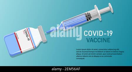 Vektorhintergrund für Coronavirus-Impfstoff. Covid-19 Corona-Virus-Impfung mit Impfstoffflasche und Kunststoffspritze mit Nadel. Behandlung für coron Stock Vektor