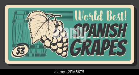 Spanische reife Traubenfrüchte retro Banner, Vektor vintage Karte. Bund von reifen Trauben mit Blättern und Holzfass. Weinbergproduktion Preisschild, Spanisch Stock Vektor