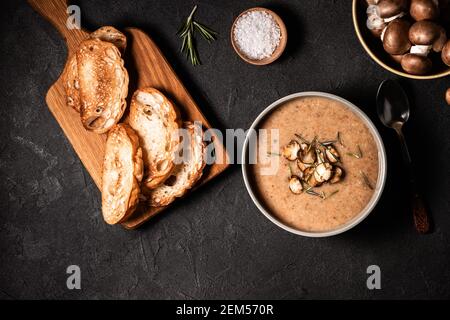 Pilzsahnesuppe serviert mit geröstetem Brot auf grauem Hintergrund, Draufsicht Stockfoto