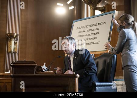 Washington, Usa. Februar 2021, 24th. Senator Steve Daines, ein Republikaner aus Montana, spricht während ihrer Bestätigungsverhandlung vor dem Senatsausschuss für Energie und natürliche Ressourcen am Mittwoch, dem 24. Februar 2021, im US-Kapitol in Washington DC. Pool Foto von Sarah Silbiger/UPI Kredit: UPI/Alamy Live Nachrichten Stockfoto