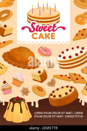 Bäckerei und Gebäck Desserts Vektor-Poster. Süßer Kuchen mit Kerzen, Lebkuchen und Donut, Brezel und Kuchen, Waffeln und Croissants. Cartoon-Brötchen und Cu Stock Vektor