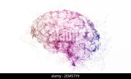 Digitale Daten und Netzwerkanschluss von mehrfarbigen menschlichen Gehirn auf weißem Hintergrund isoliert. Künstliche Intelligenz konzeptuelles Bild Stockfoto