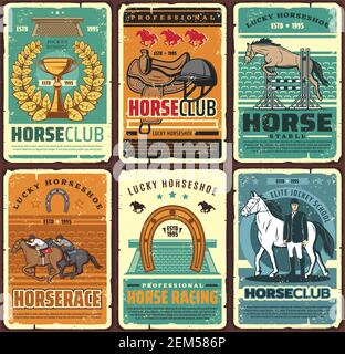 Reiten und Reitsport Hippodrome Vintage Poster. Vector Reiten Elite Jockey Schule. Reiten Sport Retro-Karten mit Glück Stock Vektor