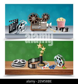 Realistisches farbenfrohes Set aus zwei horizontalen Kino-Bannern mit Trophäe Rollen Klappboard Camcorder Popcorn Eimer Tickets isoliert Vektor Illustration Stock Vektor