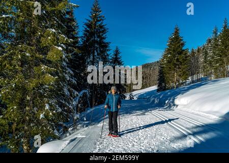 Schneeschuhwandern im Bregenzerwald, Schneeschuhwandern von Sibratsgfäll - Schönebach. Ingeborg Kuhn im Winterwald. Verschneite Winterlandschaft, Vorarlberg Stockfoto