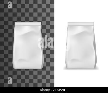 Realistische Verpackung, Folie, Papier oder Kunststoff Beutel Beutel Beutel Beutel mit Ventil und Dichtung isoliert 3D Vektor Mockup. Leere weiße Doy-Packs für Produkt, Verpackung i Stock Vektor