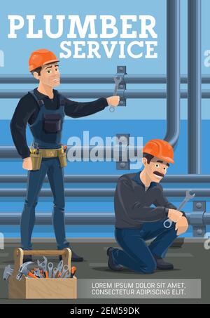 Installateure Service, Heizrohre Austausch. Vector Poster von Arbeitern mit Schraubenschlüsseln Reparatur Leckage oder Installation von Haus Heizung Rohrleitung Rohre. Wate Stock Vektor