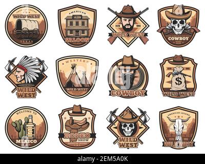 Wild West-Symbole. WESTERN Vektor Cowboy, Schädel und Sheriff, american Saloon, Bandit in Hut, Waffen und Tequila, texas Ranger, indianer Chef und Revolver, Stock Vektor