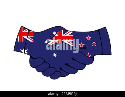 Handshake von Australien und Neuseeland Land Flaggen, Vektor-Partnerschaft und Trans-Tasman-Beziehung. Nationale Banner der Commonwealth-Länder, tr Stock Vektor